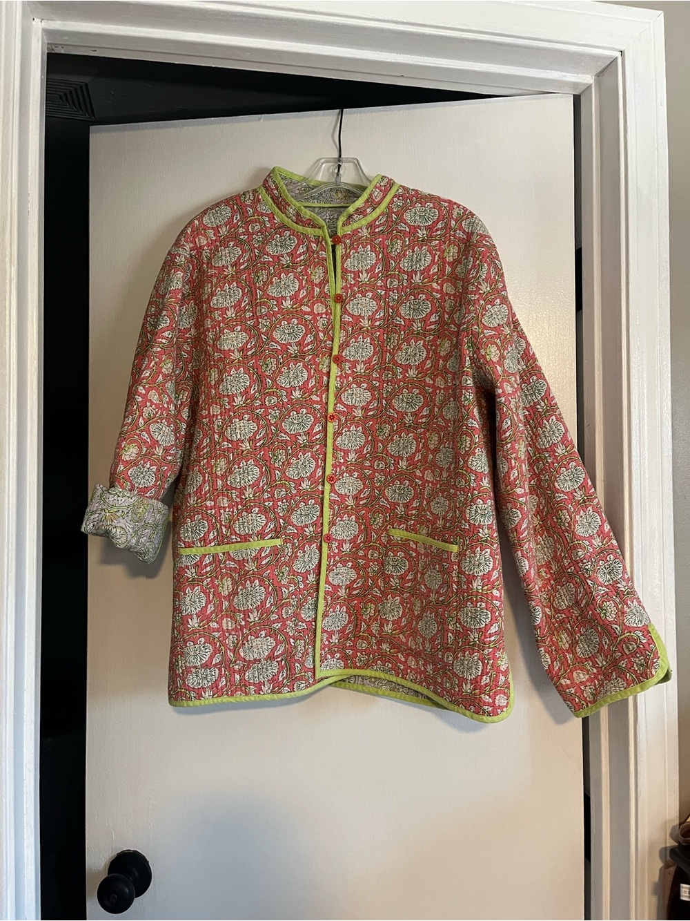 Quilted Floral-Print Women's Jacket with Lime Trim reversible